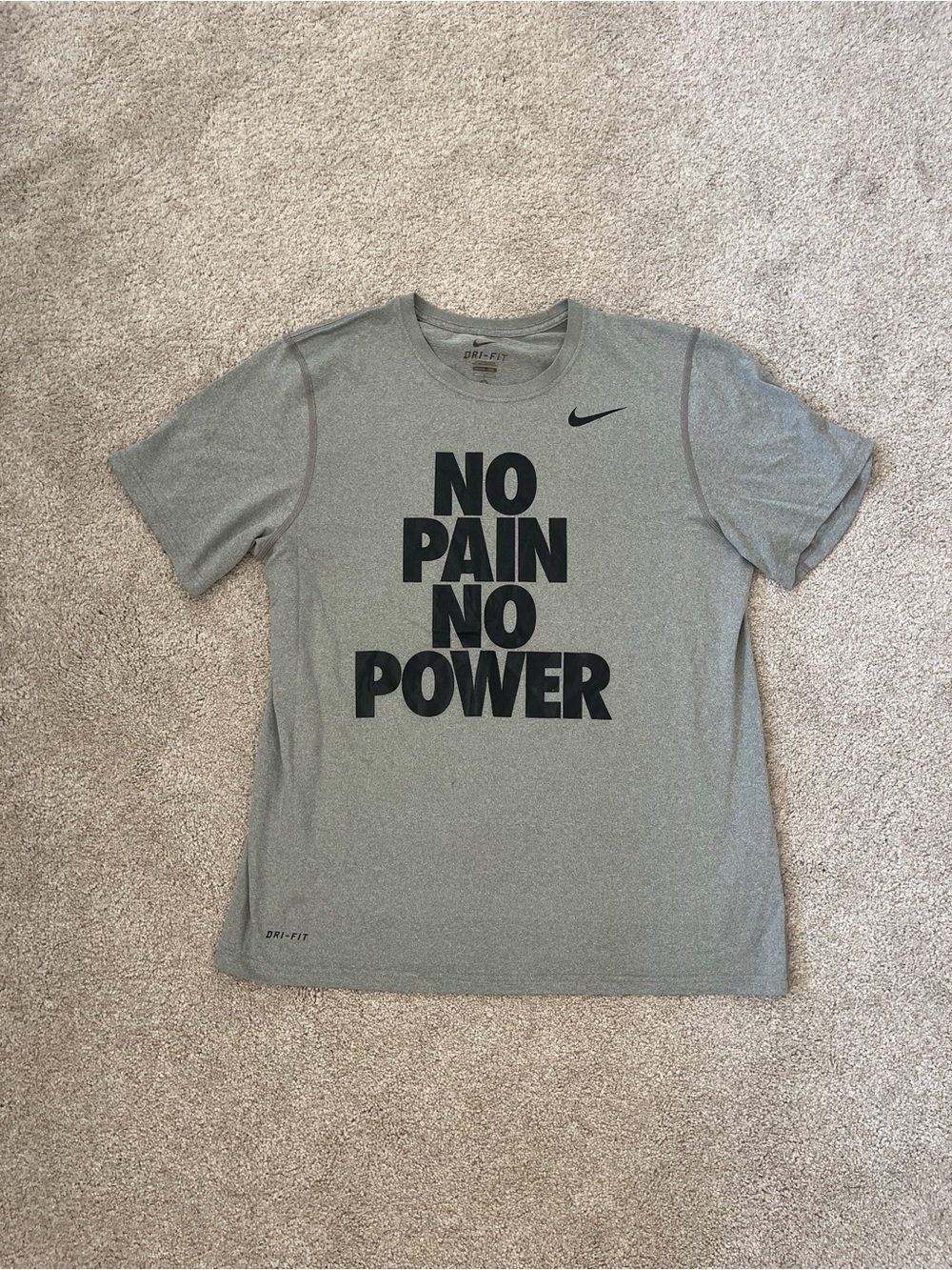 Nike Gray Short Sleeve Dri-FIT Tee with "NO PAIN NO POWER" Graphic
